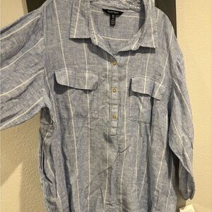 Ellen Tracy Sapphire & White Striped Button Pullover - linen -plus size 3x